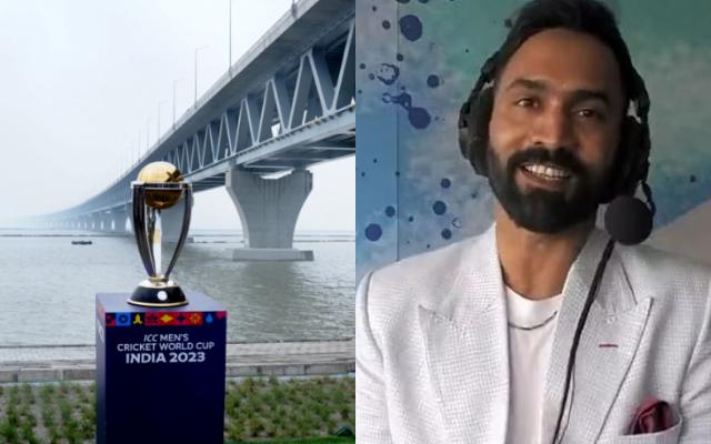 Dinesh Karthik doing commentary and ODI World Cup trophy