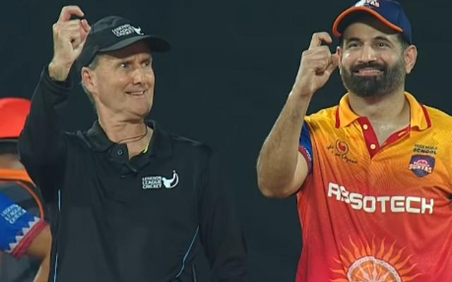 LLC 2024- Irfan Pathan imitates Billy Bowden's famous 'crooked finger of doom' out signal