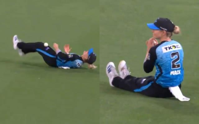 Watch: Katie Mack plucks on to ball between legs to complete catch in WBBL match