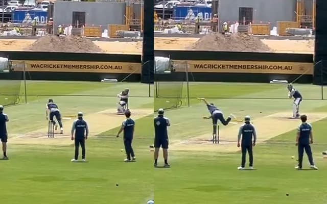 AUS vs IND 2024: Marnus Labuschagne walks the talk with quick bouncer to Pat Cummins in nets. (Source -  Bharat Sundaresan/Twitter)