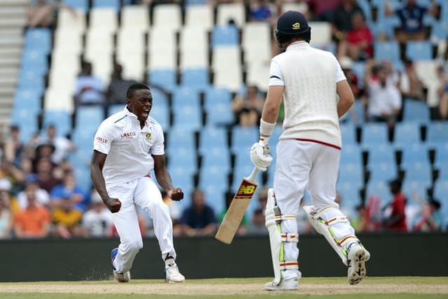 South African bowler Kagiso Rabada (L) celebrates the dismissal of England's batsman Joe Root (R) during day 3 of the fourth Test match between England and South Africa at the Supersport stadium on January 24, 2016 in Centurion, South Africa. / AFP / GIANLUIGI GUERCIA (Photo credit should read GIANLUIGI GUERCIA/AFP/Getty Images)