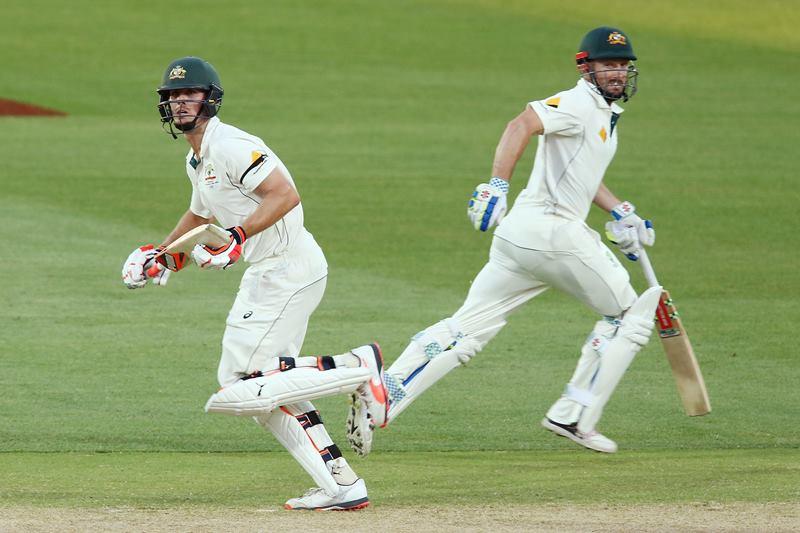 ADELAIDE, AUSTRALIA - NOVEMBER 29:  Brothers, Mitch Marsh and Shaun Marsh run between the wickets during day three of the Third Test match between Australia and New Zealand at Adelaide Oval on November 29, 2015 in Adelaide, Australia.  (Photo by Morne de Klerk/Getty Images)