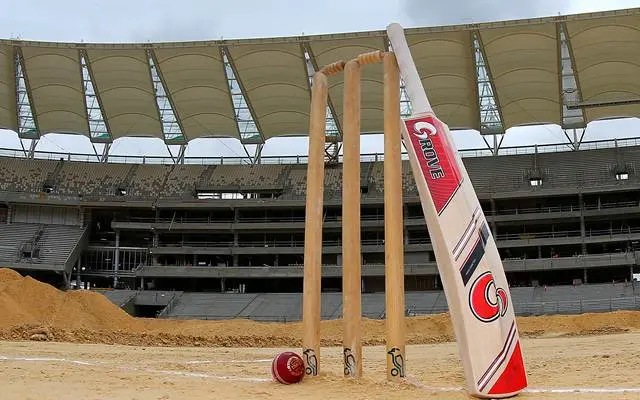 Cricket stumps, bat and ball